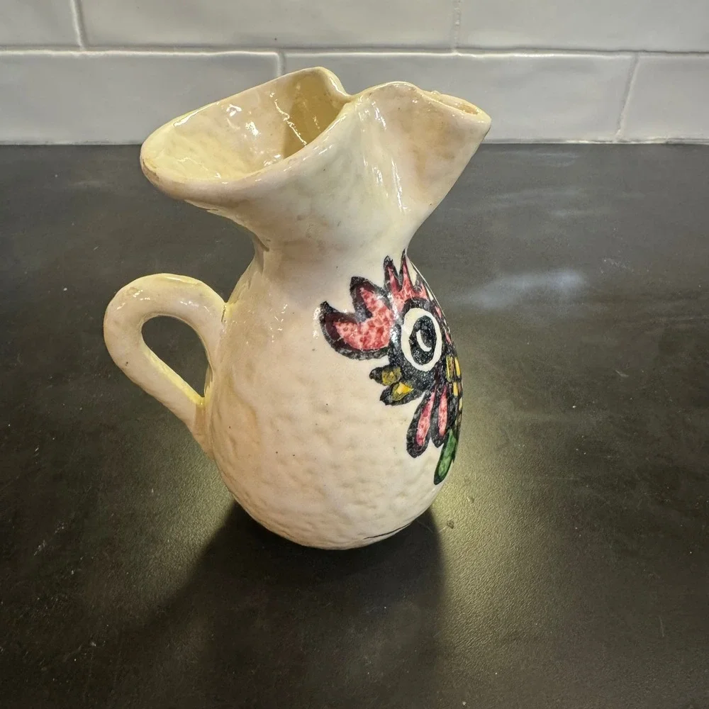 Hand Painted Ceramic Rooster Pitcher Small Cream Multi Color Vintage Folk Art